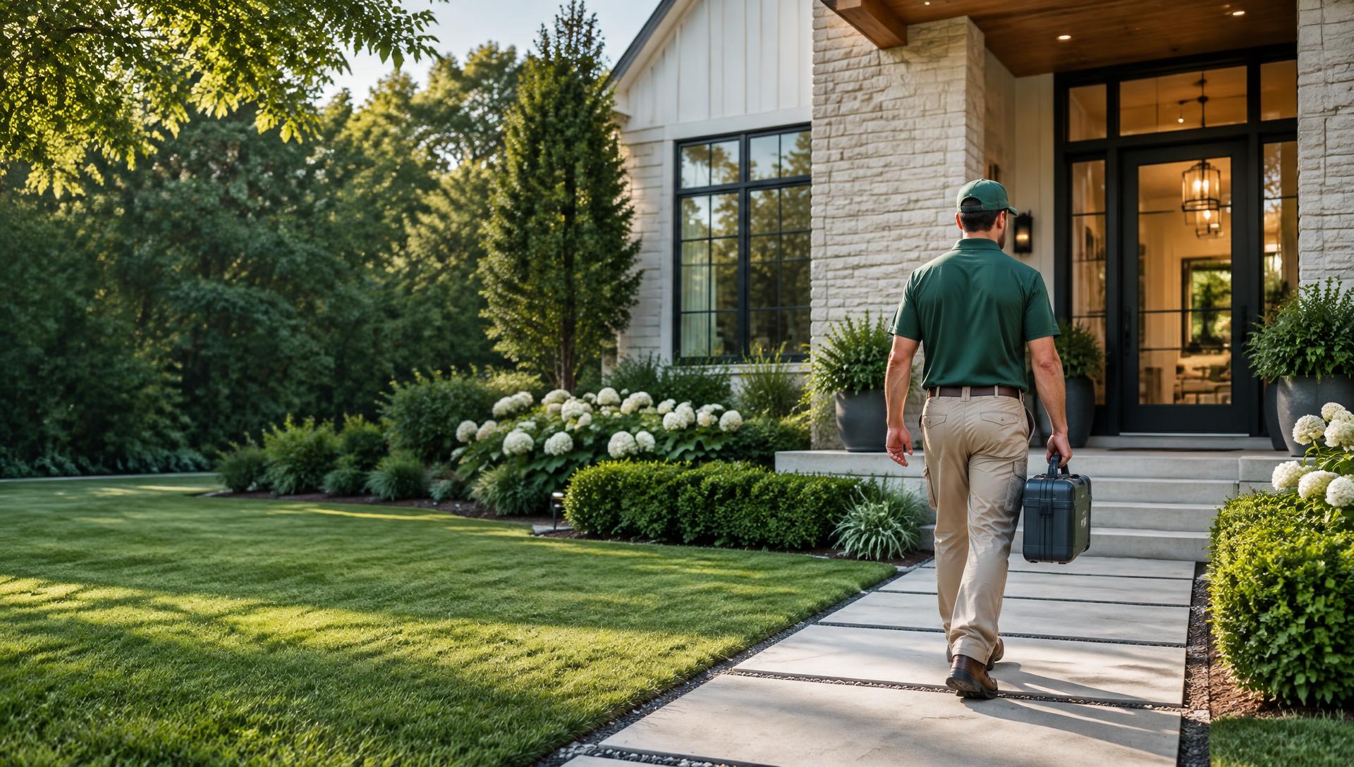 A pest control specialist arriving at a beautifully maintained home
